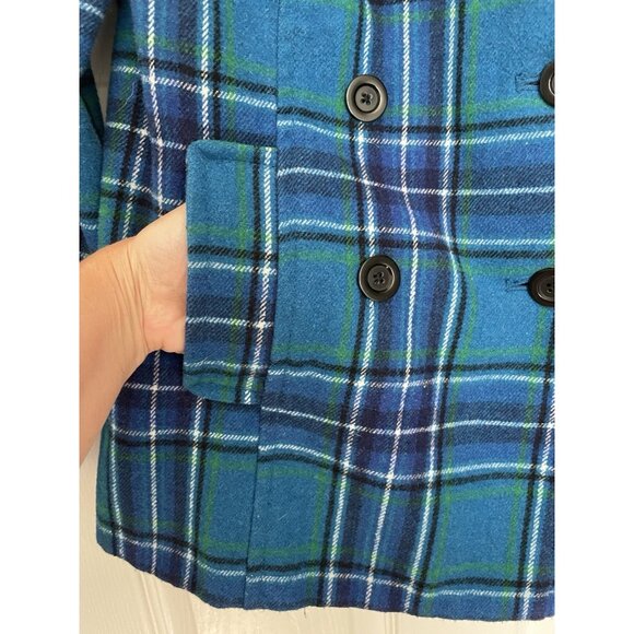 Old Navy Sz Small Bright Teal Blue Plaid Wool Pea Coat Women's Button Academia - Picture 3 of 7